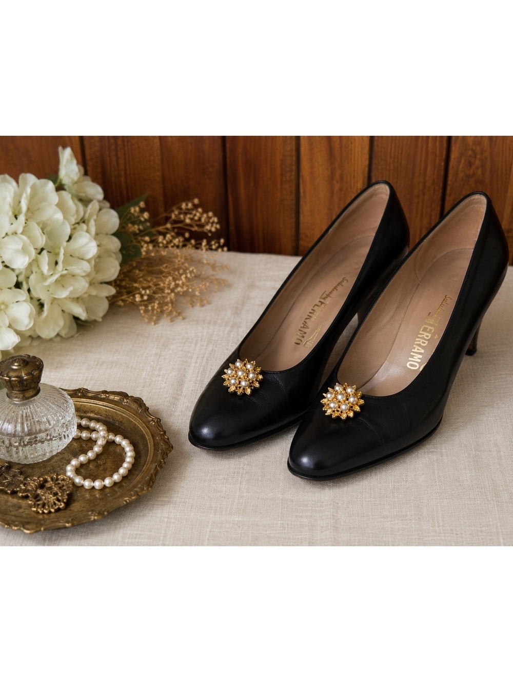 Vintage Gold Tone Faux Pearl Shoe Clips – Pair, Floral Design, 1.25”, Retro Shoe